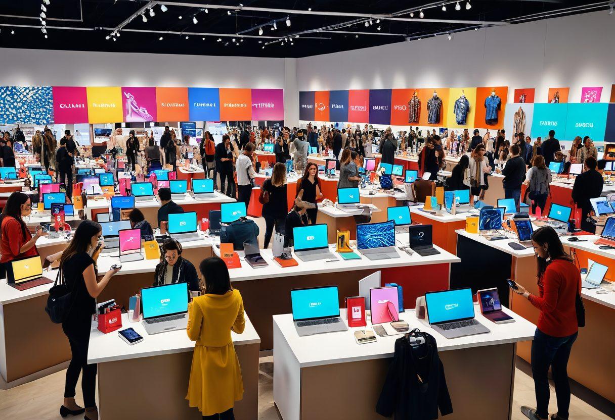 An inviting digital marketplace scene, featuring a diverse group of shoppers joyfully using their phones and laptops surrounded by virtual discount tags and deals popping up around them. A colorful assortment of products like fashion items, electronics, and home goods should be subtly visible in the background. Bright, modern design elements with a sense of movement to symbolize the thrill of online shopping. vibrant colors. 3D.