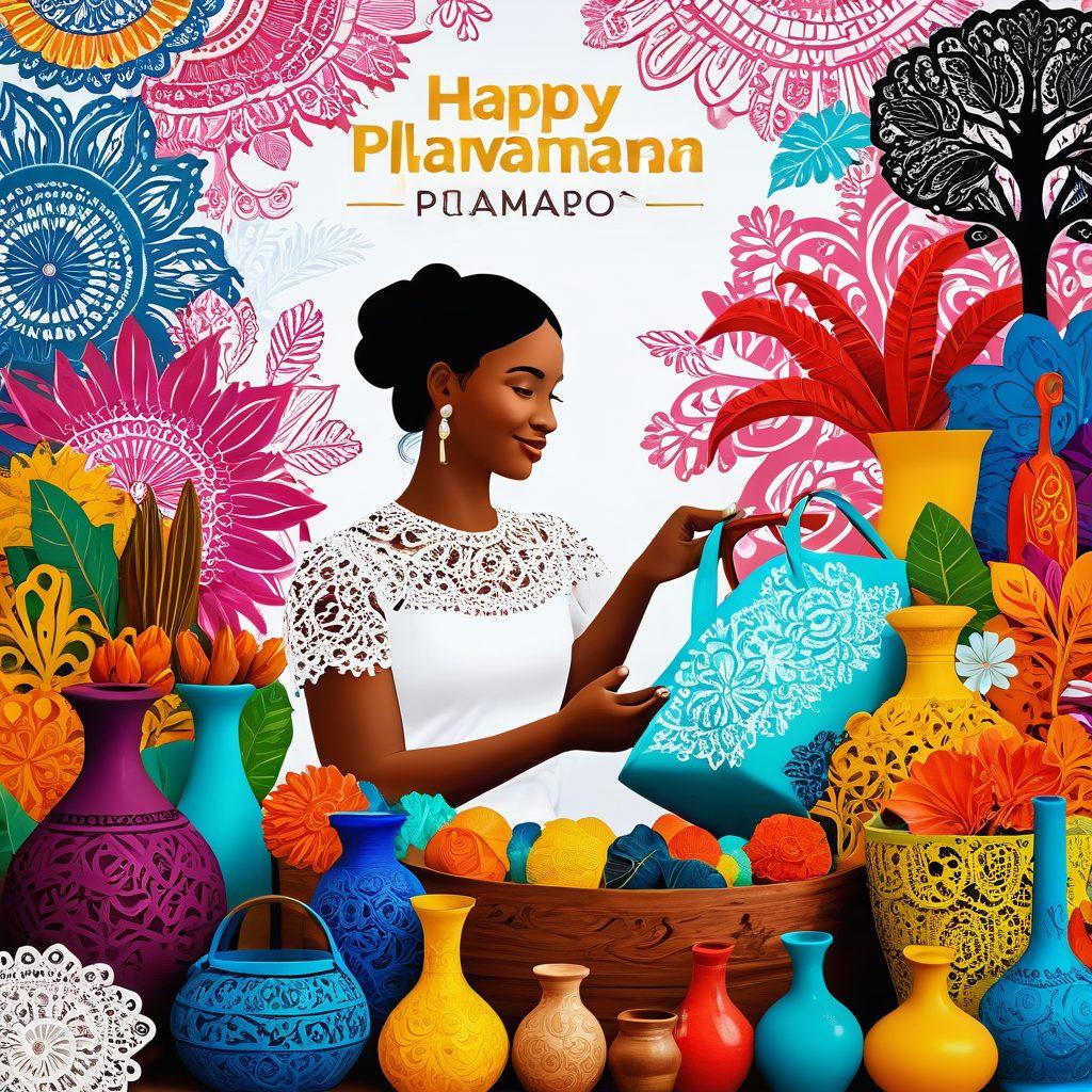 A vibrant digital collage featuring an array of traditional Paraguayan crafts like intricate lace, colorful ceramics, and handmade wooden sculptures. Overlay a silhouette of a happy shopper navigating through a virtual shopping interface, showcasing online marketplace icons. The background should reflect the lush landscapes of Paraguay, merging cultural heritage with modern shopping. Bright colors to evoke excitement and joy. super-realistic. vibrant colors. white background.