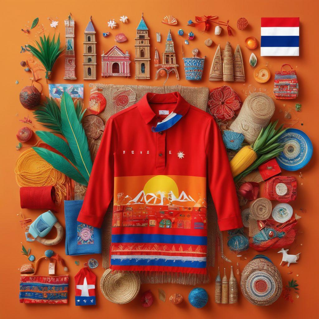A vibrant digital collage showcasing a variety of Paraguayan products, such as traditional handicrafts, food items, and clothing, with prominent price tags depicting discounts. The background features a modern online shopping interface with a shopping cart and checkout page elements. Incorporate colorful Paraguayan symbols, like the flag or iconic landmarks, blending the theme of culture and savings in online shopping. bright colors. vector art. lively composition.